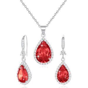 Women's White Gold Plated Red Teardrop Evening Luxury Jewelry Set